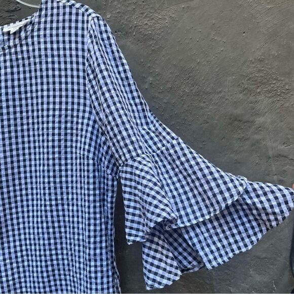 BEACH LUNCH LOUNGE GINGHAM RUFFLE 3/4 SLEEVE MIDI DRESS MEDIUM - Picture 6 of 15